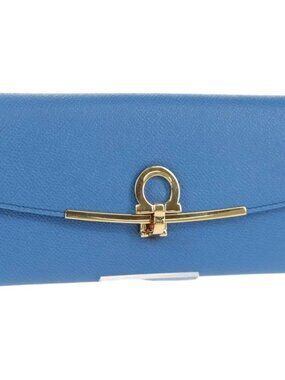 Salvatore Ferragamo Gancini Long Wallet Leather Blue Gold Auth